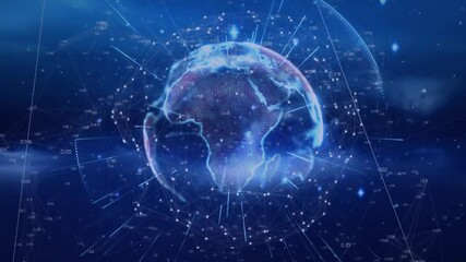Poster - On play, mesh globe floating in space rotating as network nodes orbiting visualizing data flow