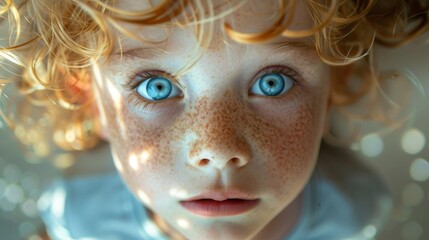 A close-up of a curious child with striking blue eyes and freckles, embodying innocence and wonder, reflecting the beauty of childhood and a sense of exploration.