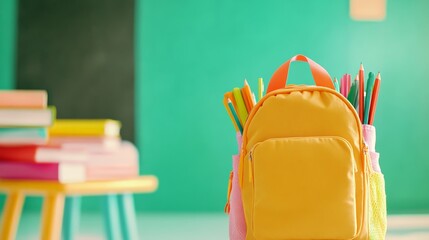 Poster - Bright yellow backpack filled with colorful pens and pencils stands in a classroom with a stack of books on a small table and a green chalkboard in the background. Ready for the back to school season