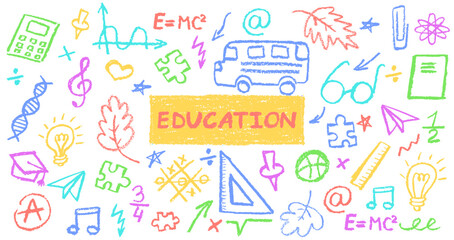 Poster - Charcoal school doodles on blackboard background. Fun hand-drawn icons for back to school themes. Cute childish education colorful pastel pencil signs. Grunge vector illustration kindergarten symbols