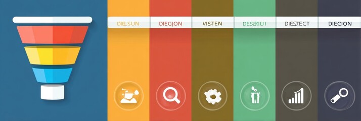 Poster - Detailed Infographic Illustrating Marketing Funnel Stages of Awareness, Interest, Decision, and Action With Icons and Color Coding for Clarity