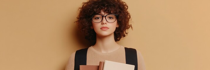 Poster - Portrait of a young student with curly hair and eyeglasses, carrying books and preparing for back to school against a warm beige backdrop, embodying the spirit of education and growth