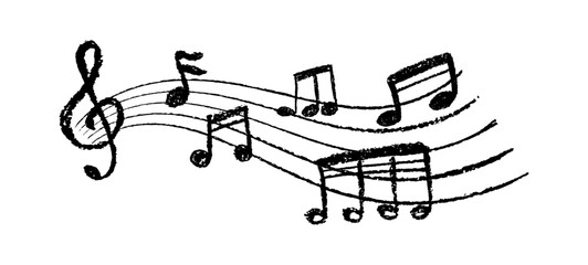 Poster - Charcoal scribble music notation. Handwritten pop design with colorful notes and clean lines. Funny song symbols handwritten by black crayon on white background. Vector illustration for kindergarten
