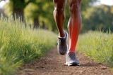 Close up on man's legs running, experiencing ankle pain, highlighted in red.