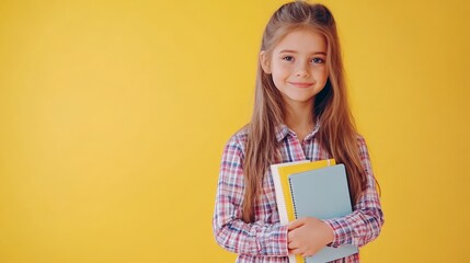 Poster - Young student wearing checkered shirt carrying notebooks, grinning confidently while preparing for school day against bright yellow background, emphasizing educational theme