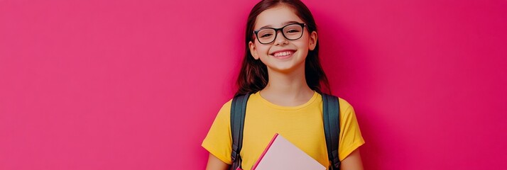 Aufkleber - Portrait of happy elementary school student carrying backpack and holding books, smiling on vibrant pink background, ready for the new school year