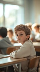 Poster - Elementary school student sitting at desk in classroom during class, turning head and looking towards viewer with other students sitting at desks in background