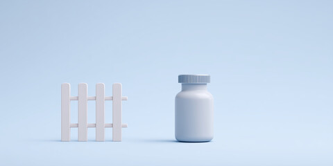 Aufkleber - Minimalist 3D illustration featuring a white picket fence beside a simple gray bottle against a soft blue background, creating a serene and modern visual composition