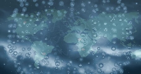 Poster - Icons drifting then clustering revealing world map silhouette, connecting nodes showing data flow