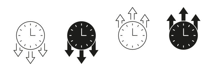 Fototapete - Clock With Arrows Line And Solid Icon Set. Time Management, Efficiency, And Productivity Symbol Collection. Directional Arrows Indicating Increase And Decrease. Isolated Vector Illustration