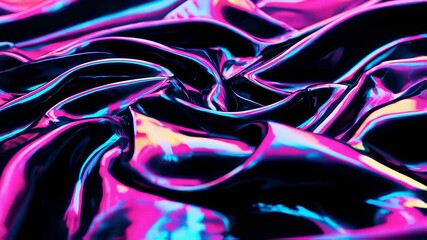 Poster - Wavy dark substance reflects bright vivid colors. Pink blue light creates a modern dynamic futuristic surface texture. Shiny material shows abstract folded design.