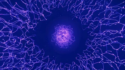 Poster - Glowing purple threads connect forming a central cluster, surrounded by darker blue. Lines stretch toward a bright center point in space.