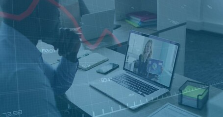 Poster - Man initiating remote business meeting on laptop watching woman presenting chart over trending data