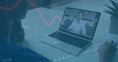 Poster - Woman clicking laptop joining business call, onscreen coworker gesturing and red graph fluctuating
