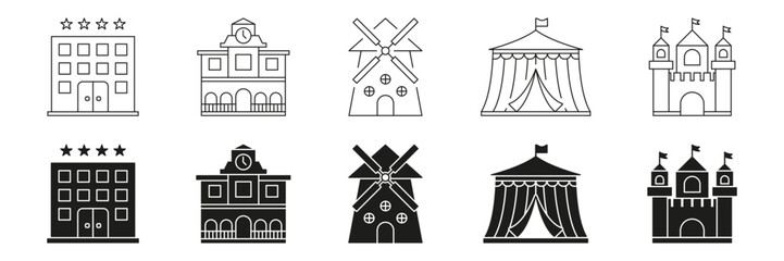 Fototapete - Hotel, Town Hall, Windmill, Circus Tent, And Castle Line And Solid Icon Set. Architectural And Entertainment Structures Symbol Collection. Tourism, Heritage, Leisure. Isolated Vector Illustration