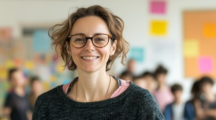 Poster - Portrait of a smiling teacher wearing eyeglasses standing in a classroom with students blurred in the background, conveying a sense of happiness and enthusiasm for education