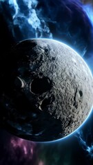 Wall Mural - Dark textured planet with craters surrounded by luminous blue atmosphere in starry outer space