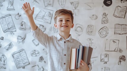 Aufkleber - Elementary student enthusiastically raising hand, clutching books near colorful wall displaying educational graphics, signaling engagement during classroom learning moment