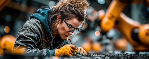 Poster - Female engineer working with robotic arm in a high-technology industrial setting