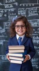 Aufkleber - Happy elementary school student wearing eyeglasses and formal uniform holding a stack of books, smiling in front of a blackboard with math equations and diagrams, ready for the new school year