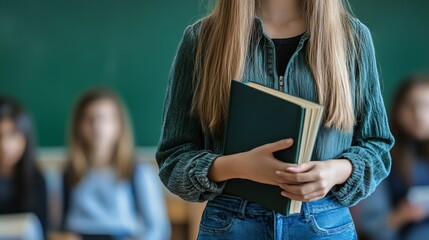 Poster - High school student holding a book in a classroom, standing in front of a chalkboard with other blurred students in the background, suggesting a back to school theme