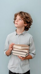 Aufkleber - Elementary school student holding books and looking upward with pensive expression, ready for learning and knowledge, back to school concept