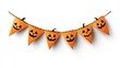 © zahweh - Five orange triangular Halloween bunting flags with jack-o'-lantern faces hang from a black string against a white background