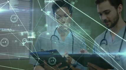 Poster - Medical professionals tapping tablets and generating 3D data overlay tracking patient metrics