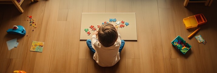 Poster - Preschooler sitting on a wooden floor is assembling a colorful puzzle, surrounded by various toys in a playful and educational home environment