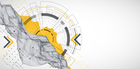 Aufkleber - Abstract data background with wireframe wave and circuit lines. Technology concept. Vector