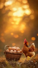 Poster - Beautiful golden hour light illuminates a hen standing next to a wicker basket overflowing with fresh eggs, creating a heartwarming farm scene