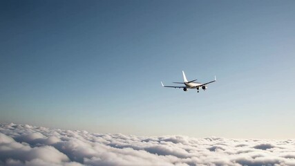 Aufkleber - White passenger airplane soaring above dense cloud layer, revealing clear blue sky background, showcasing serene aerial perspective of long distance travel