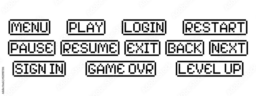 Retro pixel art game buttons. 8 bit vector interface kit. Play, pause ...