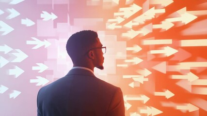 Poster - Professional businessman analyzing multiple directional arrows, representing complex strategic decision making in corporate environment with visual complexity