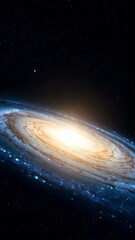 Wall Mural - Distant spiral galaxy with glowing center, blue and orange rings, and numerous bright stars against a dark, infinite background.