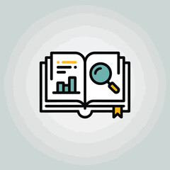 Poster - Open book with magnifying glass and bar graph icon for research analysis data