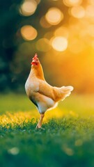 Poster - Golden sunlight bathing vibrant buff orpington hen strutting confidently across lush grassy field, highlighting natural beauty of free range poultry in serene agricultural landscape