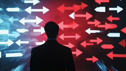 Poster - Corporate professional standing between diverging directional arrows, representing strategic crossroads, uncertainty in career path, and decision making challenges