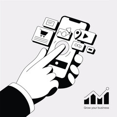 Poster - Hand using smartphone app for business growth and mobile marketing