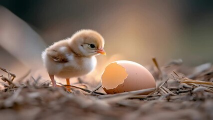 Aufkleber - Newborn yellow chick sitting beside cracked eggshell inside wooden chicken coop, warm golden sunlight highlighting delicate feathers and curious gaze during early moments of life