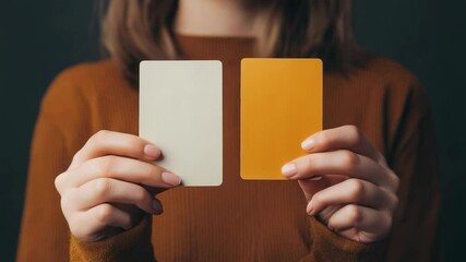 Poster - Young woman showing two blank cards, a white one and a yelloworange one, making a choice, probably suffering from fobo - fear of better option -