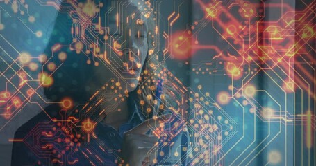 Poster - Woman wearing denim shirt in office receiving pulsing overlay and manipulating network with stylus