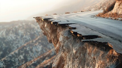 Poster - Broken asphalt road on the edge of a cliff after a powerful earthquake causing destruction and landslides in a mountainous area, highlighting the impact of natural disasters on infrastructure