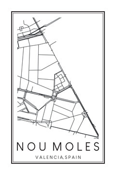 Hand drawn printable downtown road map poster of district NOU MOLES of the Spanish city of VALENCIA on solid white background with city name