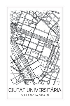 Hand drawn printable downtown road map poster of district CIUTAT UNIVERSITÀRIA of the Spanish city of VALENCIA on solid white background with city name