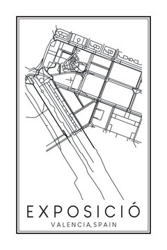 Hand drawn printable downtown road map poster of district EXPOSICIÓ of the Spanish city of VALENCIA on solid white background with city name