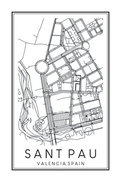Hand drawn printable downtown road map poster of district SANT PAU of the Spanish city of VALENCIA on solid white background with city name