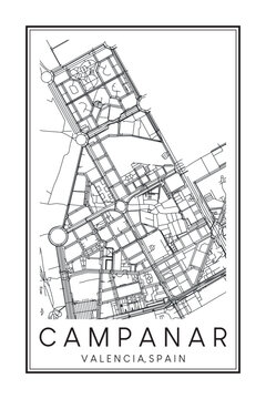 Hand drawn printable downtown road map poster of district CAMPANAR of the Spanish city of VALENCIA on solid white background with city name