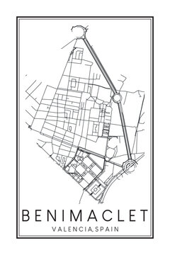 Hand drawn printable downtown road map poster of district BENIMACLET of the Spanish city of VALENCIA on solid white background with city name