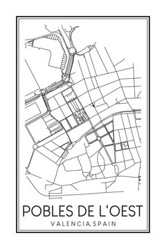 Hand drawn printable downtown road map poster of district POBLES DE L'OEST of the Spanish city of VALENCIA on solid white background with city name